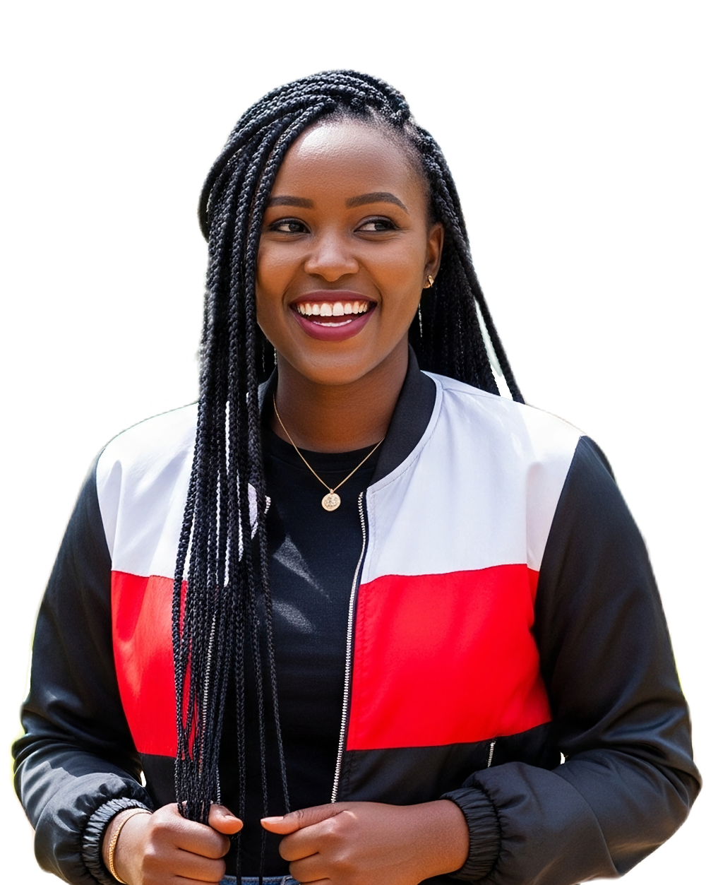 A happy young Kenyan woman, Wanjiku, smiling on a university campus